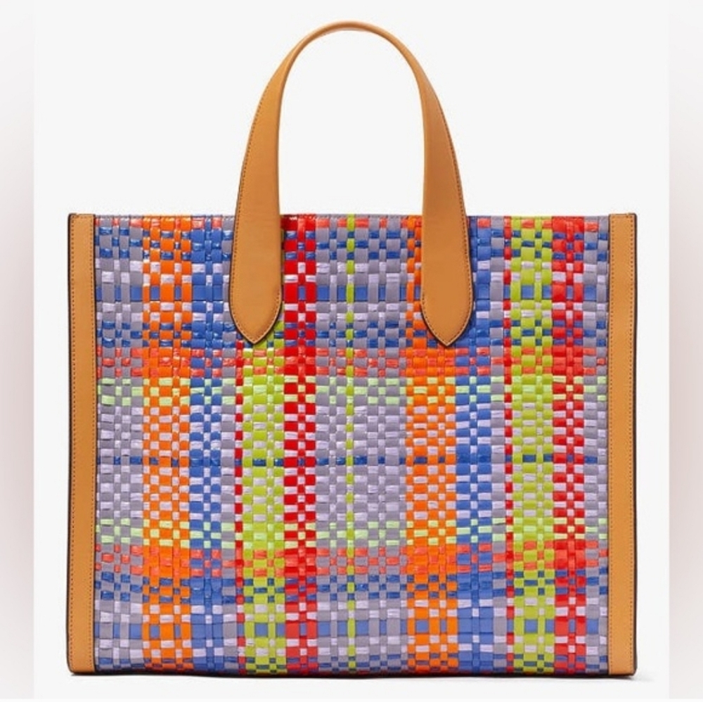 Kate Spade Manhattan Madras Plaid Woven Straw Large Tote - Picture 5 of 6